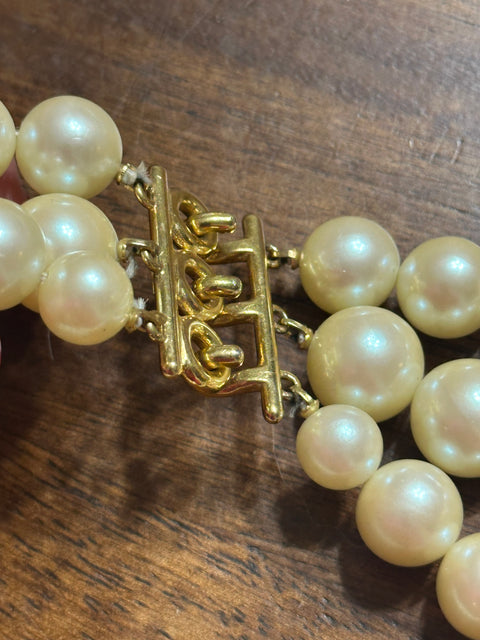 Vintage Richelieu Triple Strand Pearl Choker w/ Pink Gem Center