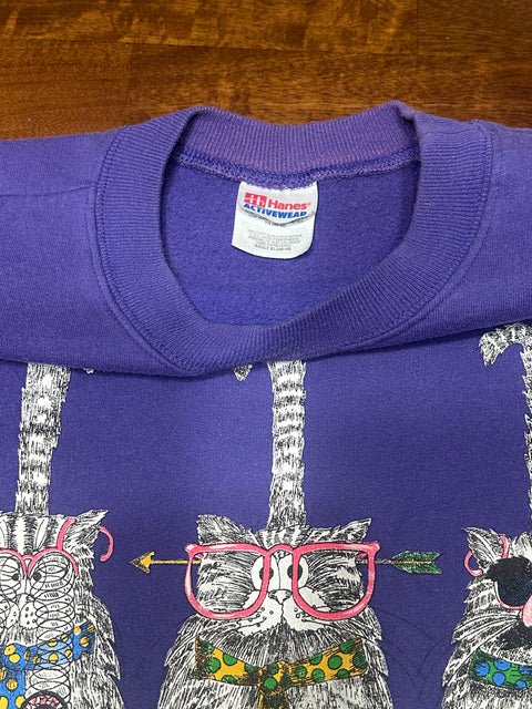 Vintage 90s Purple Cat Sweatshirt w/ Reverse Double-Sided Graphic (L+)