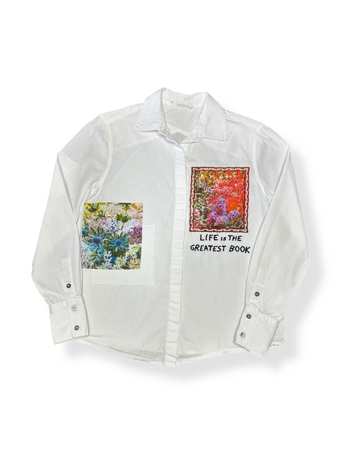 "Life is the Greatest Book" Patchwork Button-Up Shirt (XS/S)
