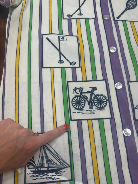 Vintage 70s Retro Sports Striped Novelty Button-Up (~M)
