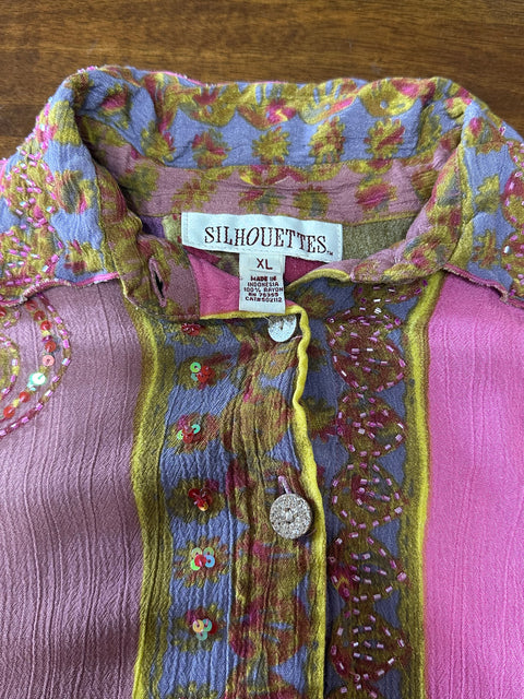 Vintage 'Silhouettes' Multicolor Rayon Button-Up Blouse (~M/L)