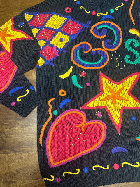 Vintage 80s Rainbow Stars & Hearts 3D Knit Statement Sweater (L, XL+)
