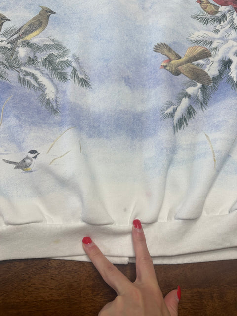 Vintage 90s Bird Print Winter Scene Sweatshirt (S/M)