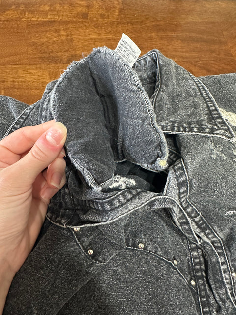 Vintage 80s Grey Acid Wash Studded Rhinestone Denim Shirt (M)