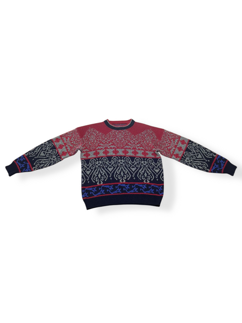 Vintage 80s/90s Red Navy Abstract Baroque Style Sweater (M+)