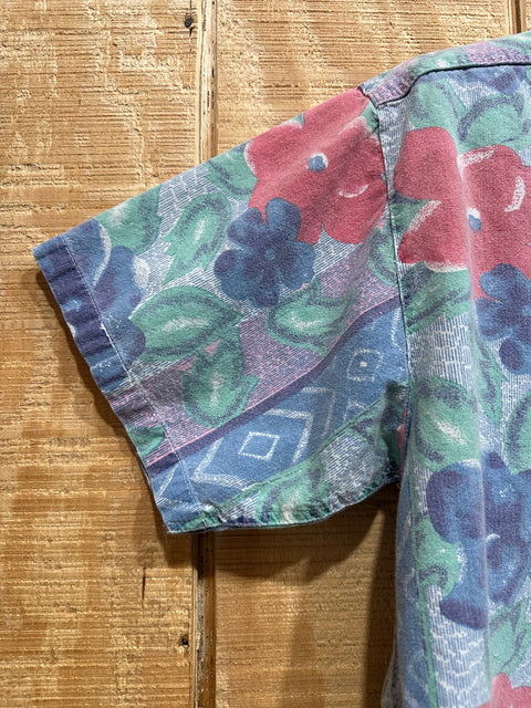 Vintage 80s Faded Blue Floral Patterned Button-Up Shirt (M)