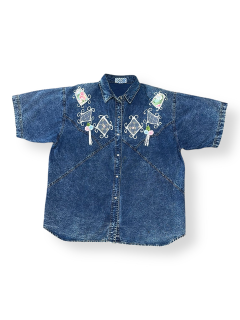 Vintage 80s/90s Acid Wash Denim Embellished Shirt (~XL)