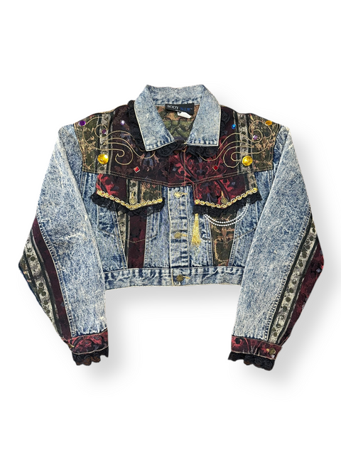 🏆Rare Vintage 80s Acid Wash Denim Brocade Gemstone Cropped Jacket (S/M)