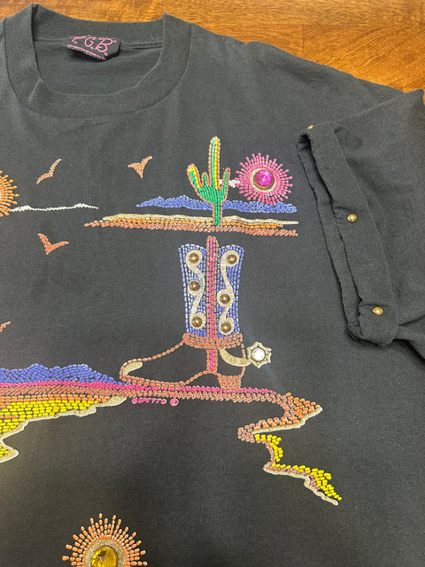 Vintage 80s Black Western Desert Scene Gem T-Shirt (2X+)