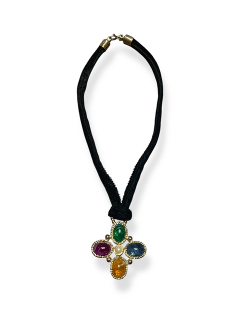 Vintage 90s Black Velvet Cord Necklace w/ Multicolor Jewel Cross Pendant