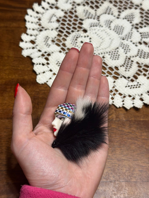 Vintage 80s Art Deco Lady Face Brooch w/ Faux Fur & Sequin Headband