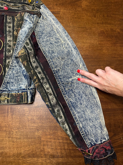 🏆Rare Vintage 80s Acid Wash Denim Brocade Gemstone Cropped Jacket (S/M)