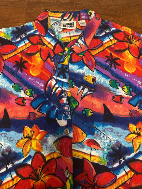 Vtg Chico's Design Rayon Rainbow Fish Beaded Blouse ('1'; S/M)