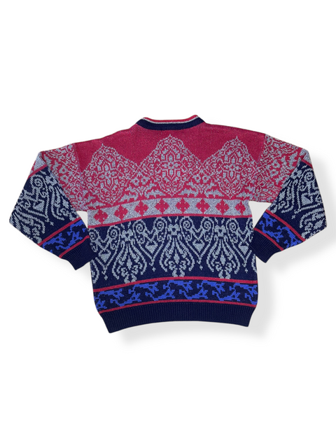Vintage 80s/90s Red Navy Abstract Baroque Style Sweater (M+)