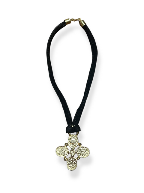 Vintage 90s Black Velvet Cord Necklace w/ Multicolor Jewel Cross Pendant