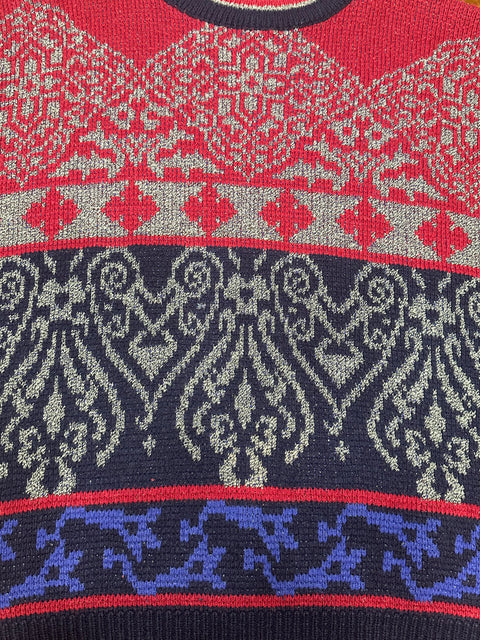 Vintage 80s/90s Red Navy Abstract Baroque Style Sweater (M+)