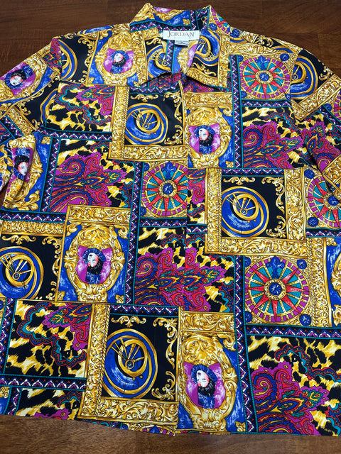 Vintage 80s Multicolor Baroque Royal Portrait Print Blouse (S)