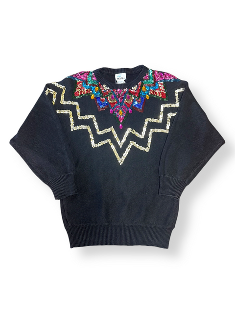 Vintage 80s Black Multicolored Sequin Beaded Knit Sweater (M)