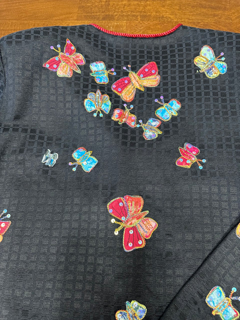 Vintage Black Butterfly Sequin Applique Blazer Jacket (S/M)