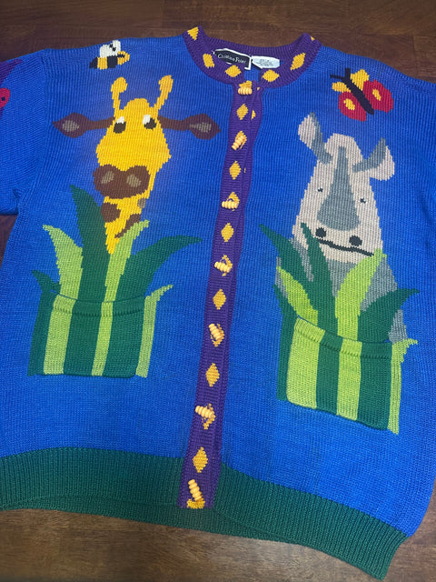 Vintage Wild Jungle Safari Animals Knit Zoo Sweater (3; S/M)