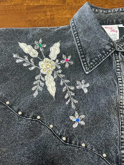 Vintage 80s Grey Acid Wash Studded Rhinestone Denim Shirt (M)