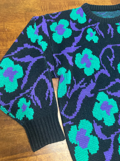 Vintage 80s Teal/Purple Floral Black Sweater (~S)