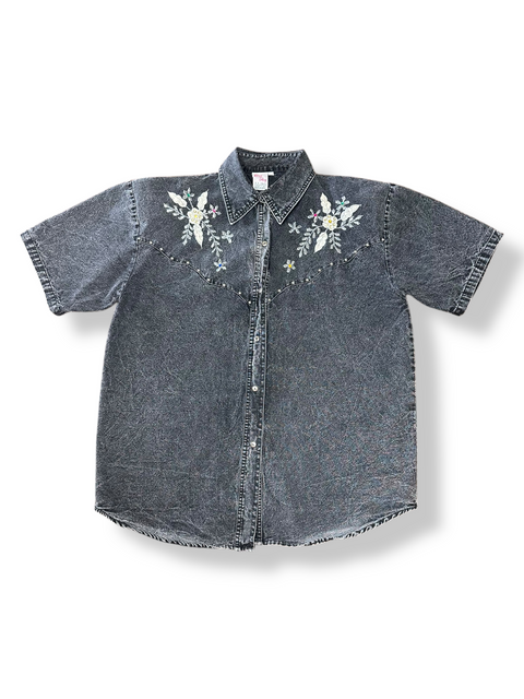 Vintage 80s Grey Acid Wash Studded Rhinestone Denim Shirt (M)