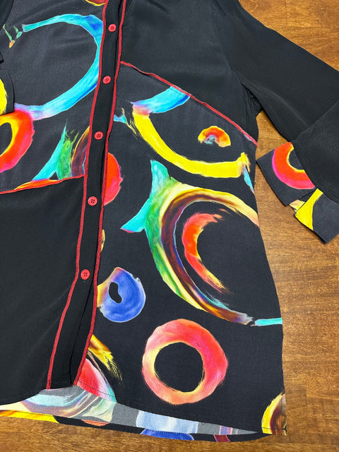 Vintage 90s Black Rainbow Swirls Art Blouse (S/M)