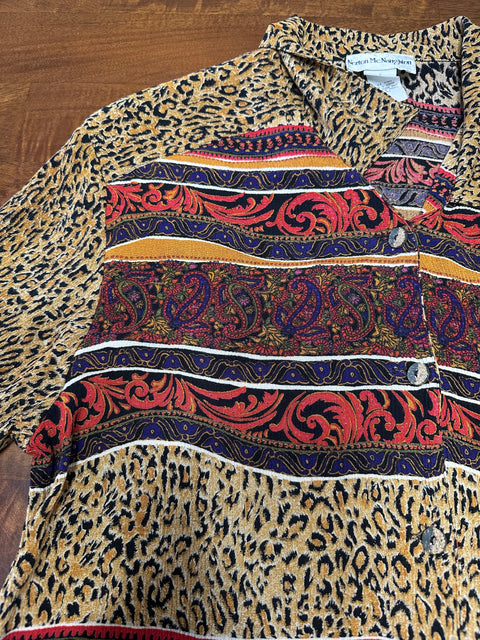 Vintage 80s Rayon Abstract Cheetah Print Button-Up ('8')