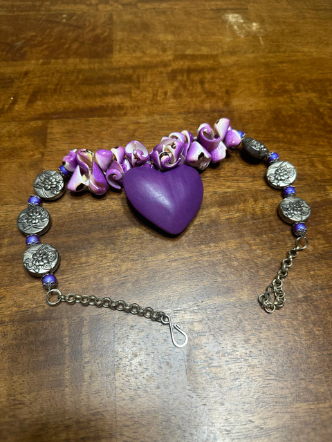 Purple Heart, Seashells & Silver Floral Beads Statement Necklace