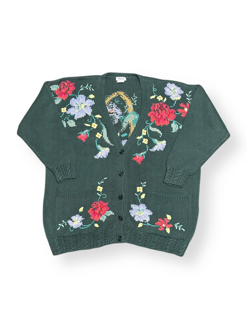 Vintage 80s Green Floral Basket Knit Cardigan Sweater (~2X)
