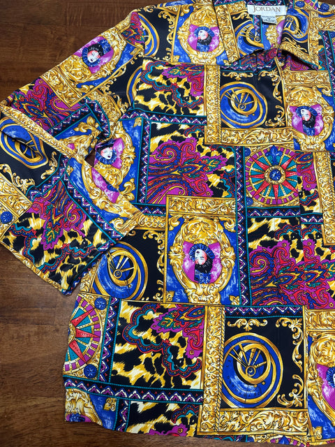 Vintage 80s Multicolor Baroque Royal Portrait Print Blouse (S)
