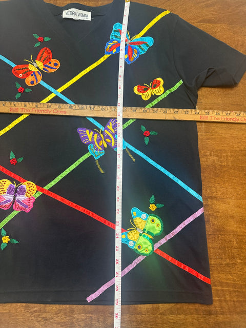 Vintage Black Rainbow Butterfly Applique T-Shirt (~L)