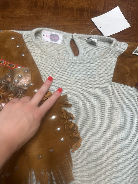Vintage 80s Deadstock 'Le Top' Fringe Suede Embellished Hardware Sweater (M)