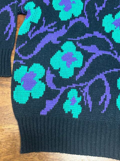 Vintage 80s Teal/Purple Floral Black Sweater (~S)