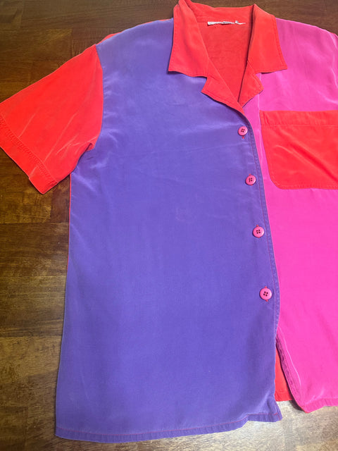 Vintage Silk Red Pink Purple Colorblock Shirt (S/M)
