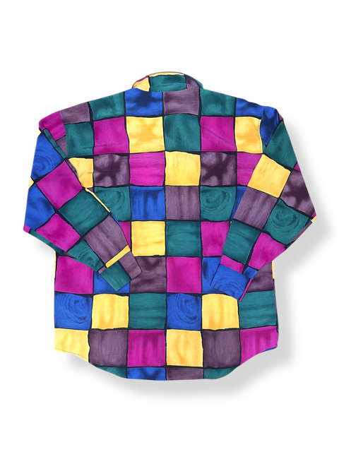 Vintage 90s Multicolored Checkered Button-Up Blouse (M)