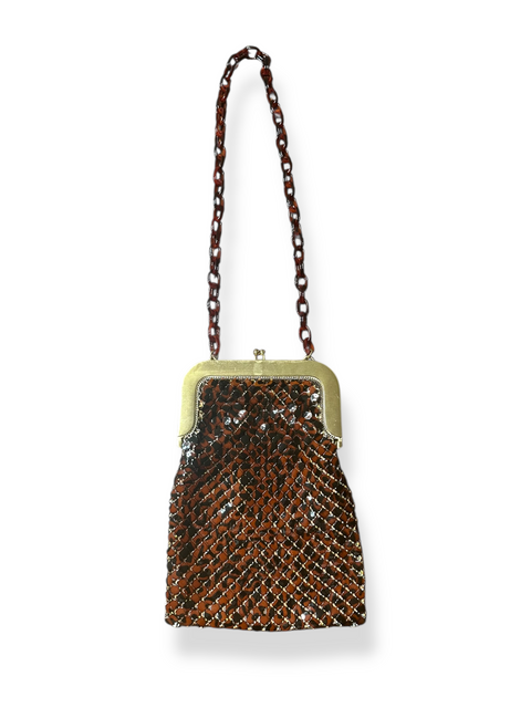 Vintage 60s/70s Whiting & Davis Amber Mesh Evening Bag w/ Tortoise Chain Strap