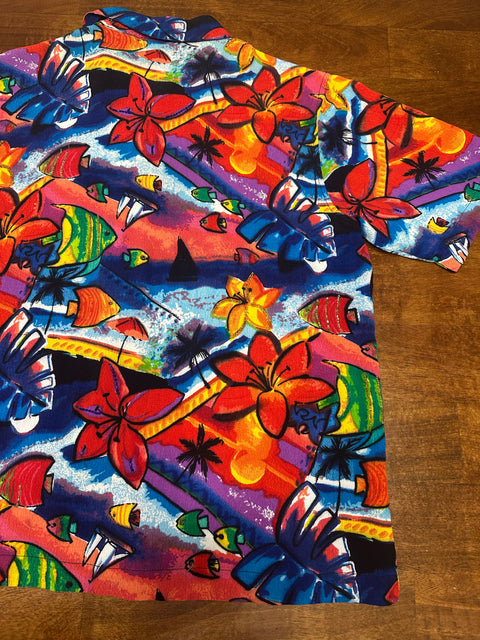 Vtg Chico's Design Rayon Rainbow Fish Beaded Blouse ('1'; S/M)