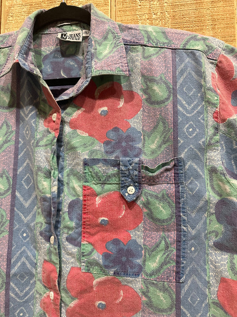 Vintage 80s Faded Blue Floral Patterned Button-Up Shirt (M)