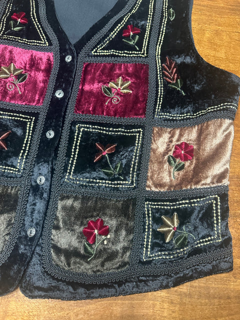 Vintage 90s Velvet Grunge Patchwork Embroidered Vest (L)