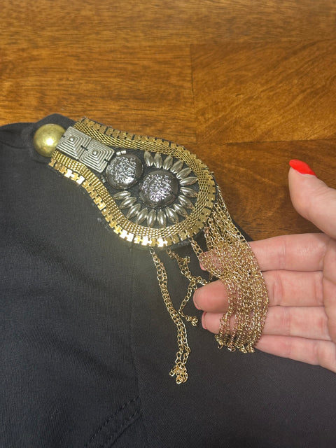 Vintage Black Military-Style Jacket with Gold Button Fringe Details (S/M)