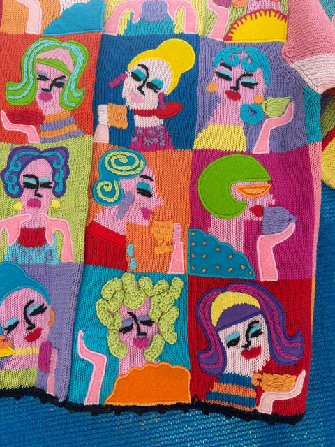 ☕Vtg 90s 'Tea Party' Lady Faces Colorblock Knit Statement Sweater (S/M)