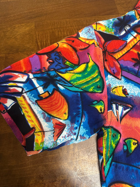 Vtg Chico's Design Rayon Rainbow Fish Beaded Blouse ('1'; S/M)