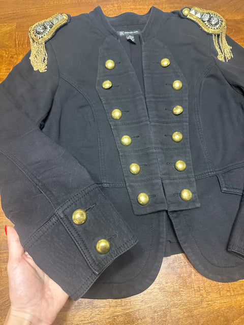 Vintage Black Military-Style Jacket with Gold Button Fringe Details (S/M)