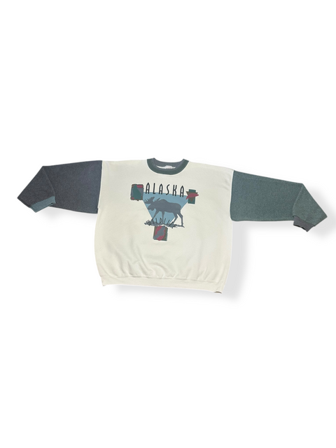 Vintage 90s Alaska Wildlife Fleece Colorblock Sweatshirt (~XL)