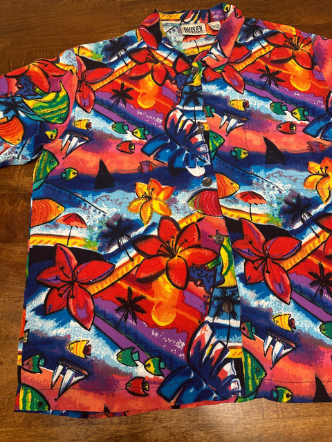 Vtg Chico's Design Rayon Rainbow Fish Beaded Blouse ('1'; S/M)
