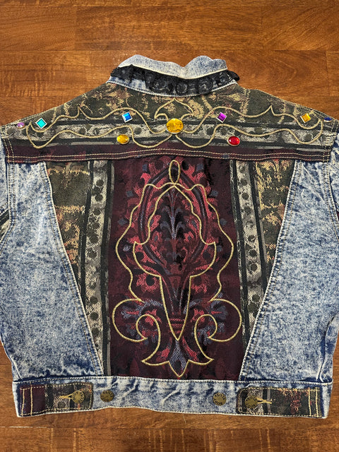🏆Rare Vintage 80s Acid Wash Denim Brocade Gemstone Cropped Jacket (S/M)