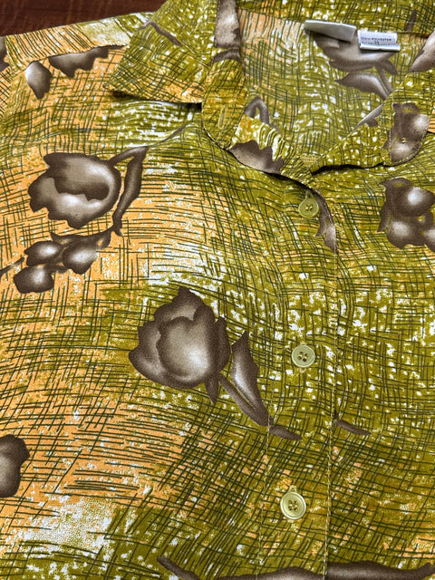 Vintage 80s Sheer Mustard Yellow Abstract Patterned Button-Up (M)