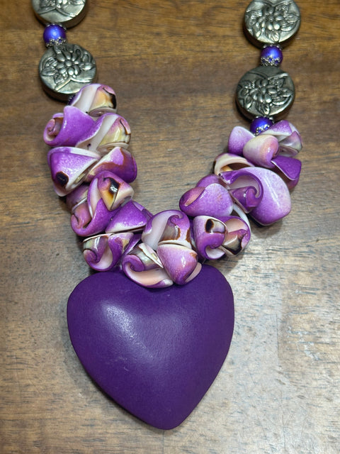 Purple Heart, Seashells & Silver Floral Beads Statement Necklace